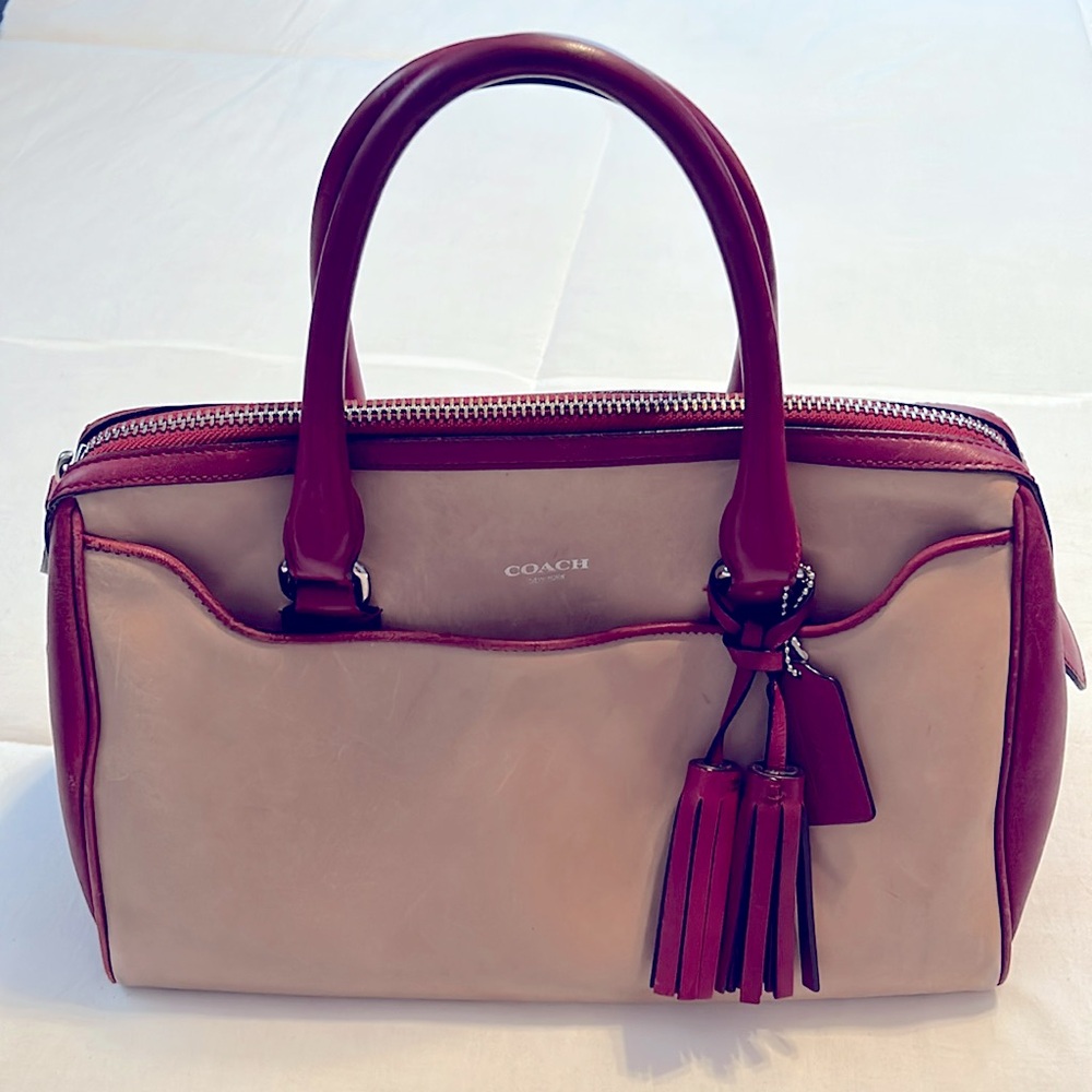 Coach, leather, satchel purse in cream & maroon.